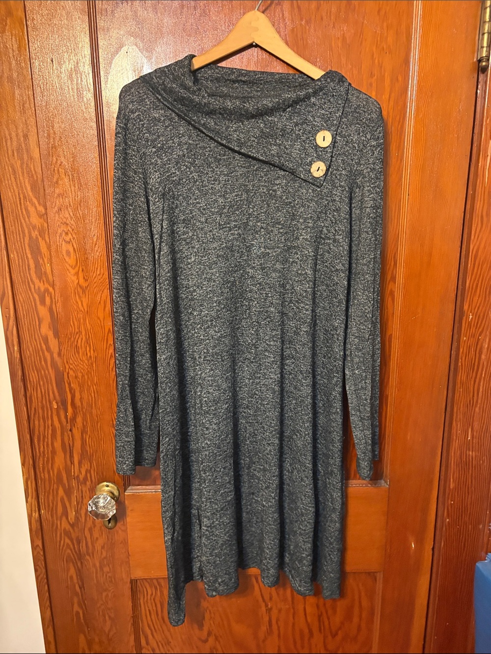 Chris & Carol Charcoal Gray Asymmetrical Button-Accent Long Sleeve Dress